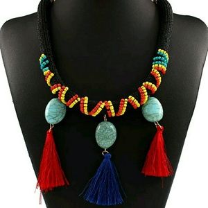 Festival Seed Bead Turquoise Tassel Boho Necklace