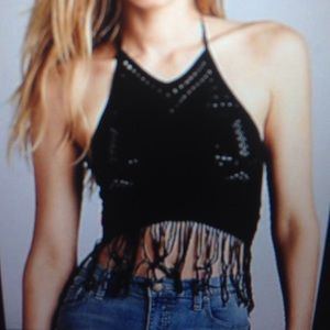 Free People Black Fringe Halter Crop Top: BELLA