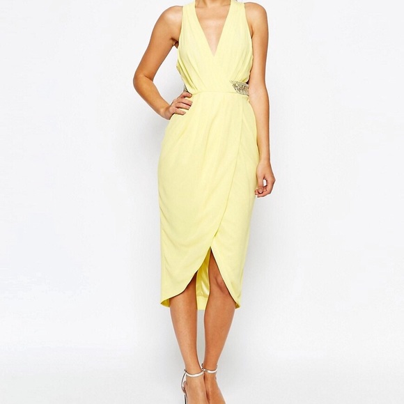 Yellow Asos wrap cutout dress with sequins