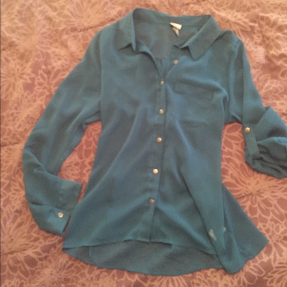 Teal sheer button down top