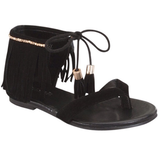 Black Fringe Tassel-Tie Sandal