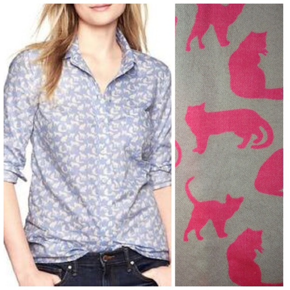 Gap cat print fitted boyfriend button down shirt