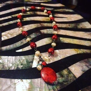 Red stone and pearl necklace