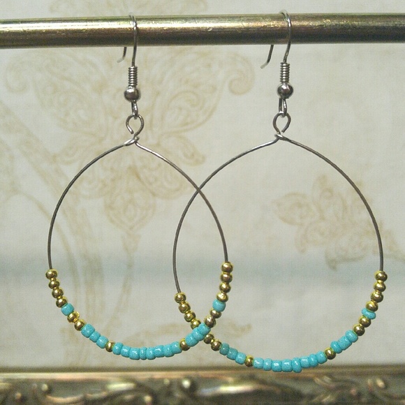 Turquoise & Gold Tone Beaded Loop Earrings