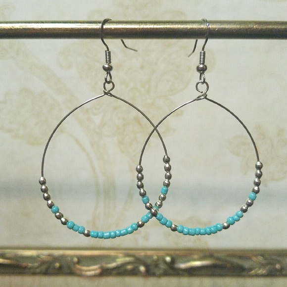 Turquoise & Silver Tone Beaded Loop Earrings