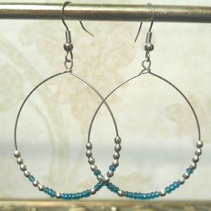 Teal & Silver Tone Beaded Loop Earrings