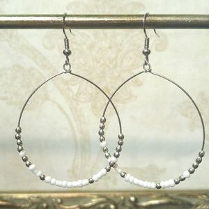 White & Silver Tone Beaded Loop Earrings