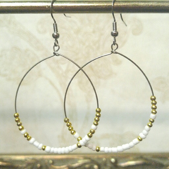 White & Gold Tone Beaded Loop Earrings