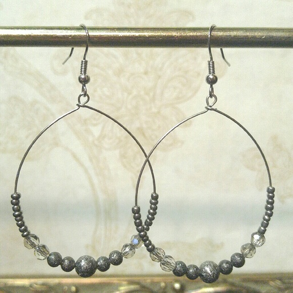 *SOLD* Grey & Gunmetal Beaded Loop Earrings