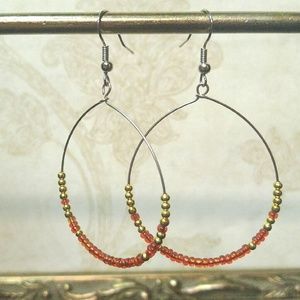 Red & Gold Tone Beaded Loop Earrings
