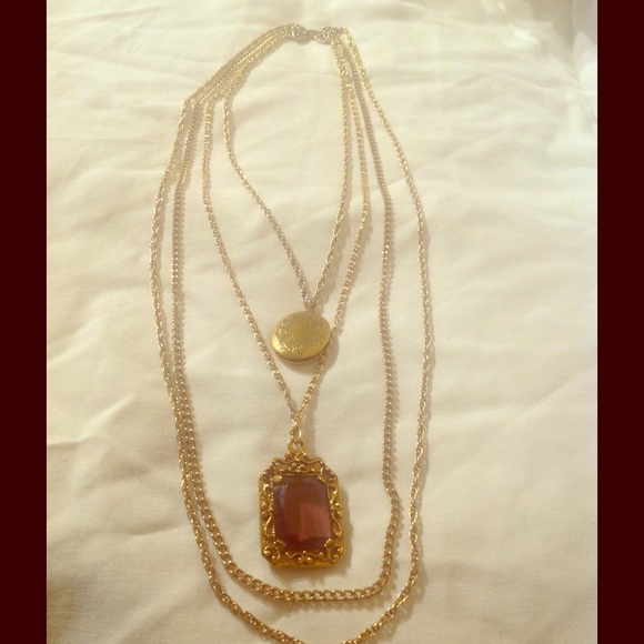 Goldette layered multi strand locket & smoky medal