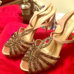 Valentino heels, tan, suede t-strap beaded mesh