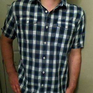 Mens white and blue plaid shirt