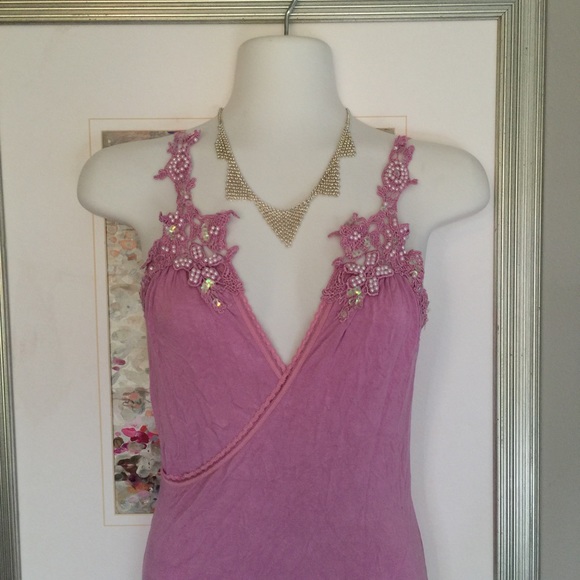 Bisou bisou lilac tank Cami lace & pearl decor