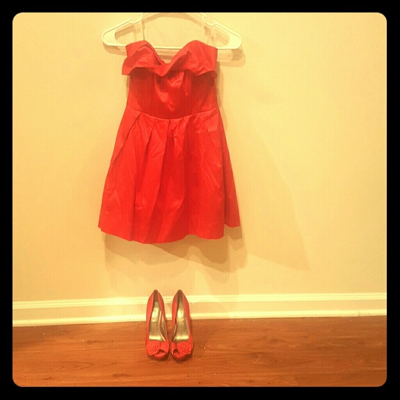Red dress with pumps.