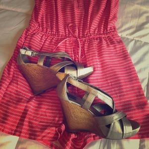 Pewter and wood wedge heels