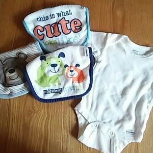 Newborn onesie and 3 bibs