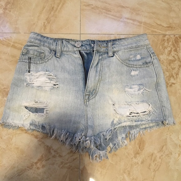 Distressed Cheeky High Rise Denim Shorts, Size 25