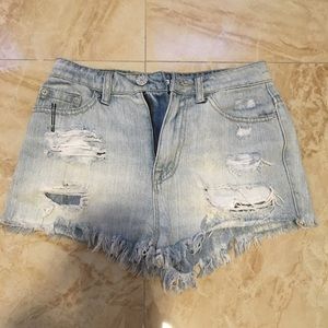 Distressed Cheeky High Rise Denim Shorts, Size 25