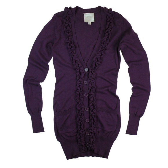 Romeo & Juliet Couture Sweaters - ROMEO & JULIET Purple Ruffle Long Cardigan Sweater