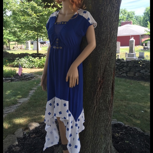 Blue V-Neck Grommet Detail Surplice Dress