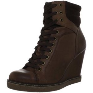 Report brown leather tie up wedge shoe