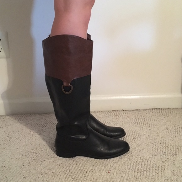 black and Brown Faux Leather Riding Boots