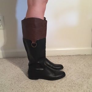 black and Brown Faux Leather Riding Boots