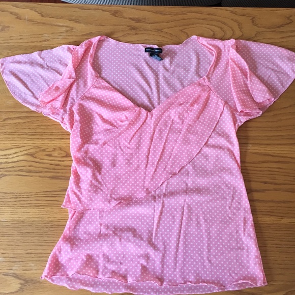New York & Co peach & white polka dot blouse - Picture 1 of 2