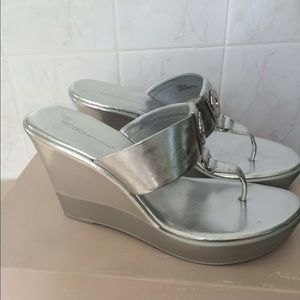 BCBG 3 1/2 inch metallic sandals