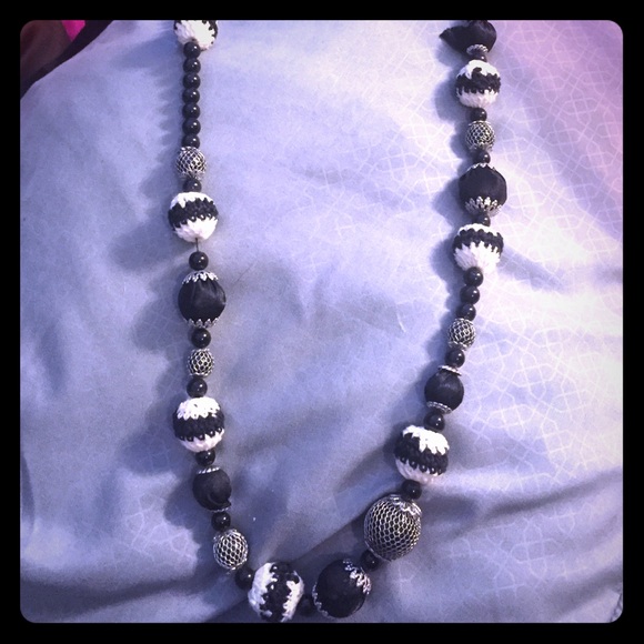 Black and white long beaded necklace