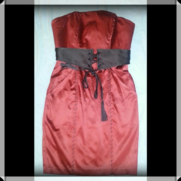 BEBE Red and black strapless mini dress