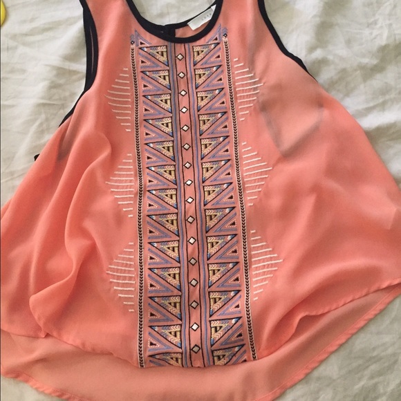 Sleeveless sheer top with pretty embroidery.