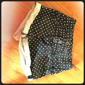 High Waisted Black Denim Polka Dot Shorts
