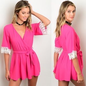 Fuchsia white lace romper