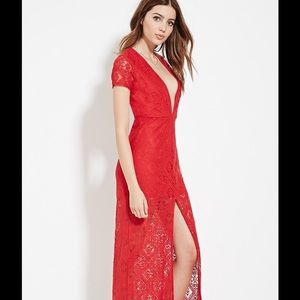 Long Lace Deep V Maxi Dress with Middle Slit NWOT