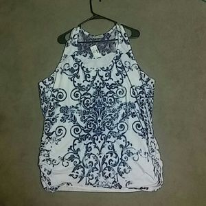 Maurcices Navy and White Tank with Jewel and Lace