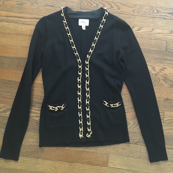 Milly black wool sweater with gold chain detail