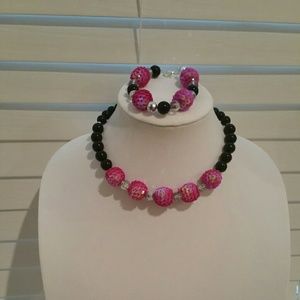 Hot Pink and black necklace and bracelet set
