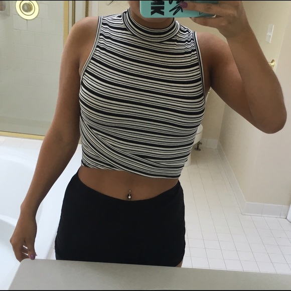 Black and White Striped Turtleneck Collar Croptop
