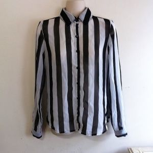 Sheer Black White Stripe Lace back Button up