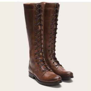 Frye lace up knee-high brown leather boots