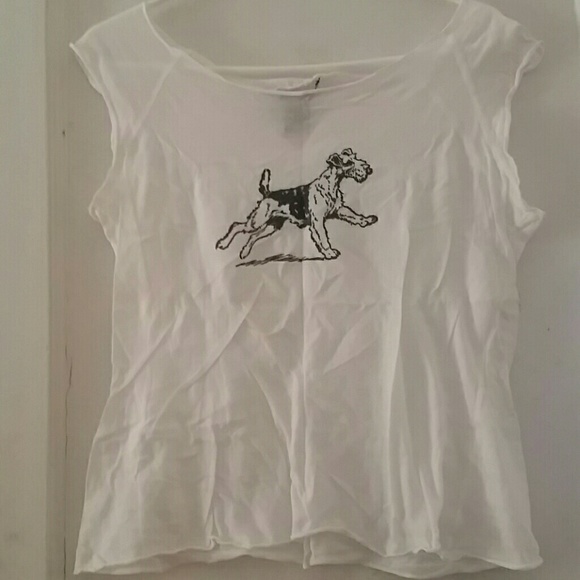 Off-shoulder crop tee w/ French Terrier dog - Picture 1 of 3