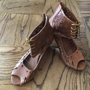 Brown wedge open toe booties - size 6.5