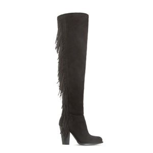 Black fringed over knee boots