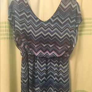 Light blue, navy blue, purple zig zag dress.