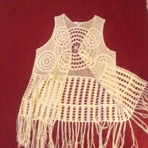 CATO crocheted vest with fringe.