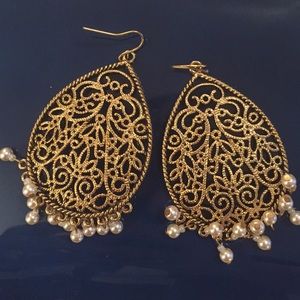 Gold and pearl costume chandelier earrings