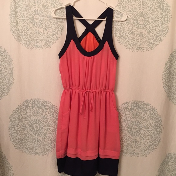 Pink and navy chiffon dress