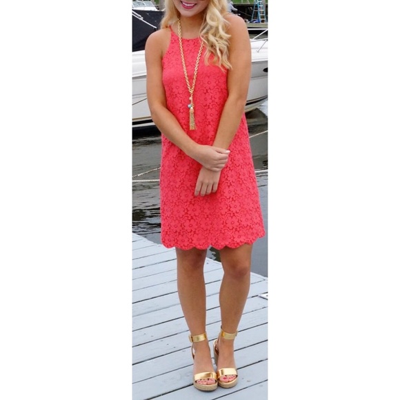 Coral pink crochet scallop hem dress